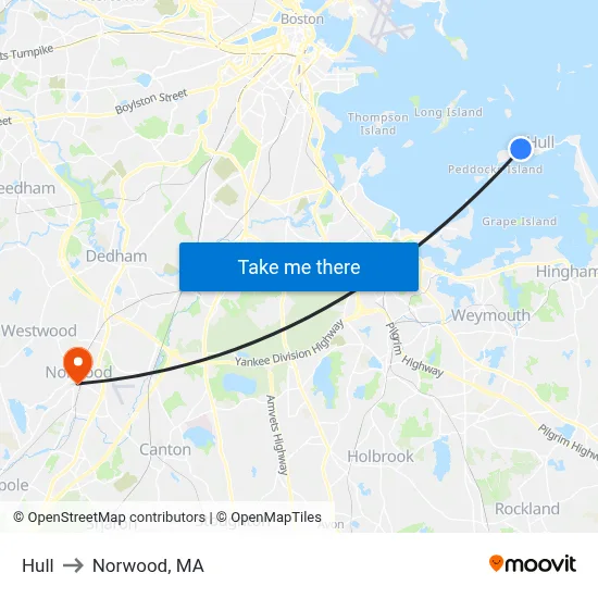 Hull to Norwood, MA map