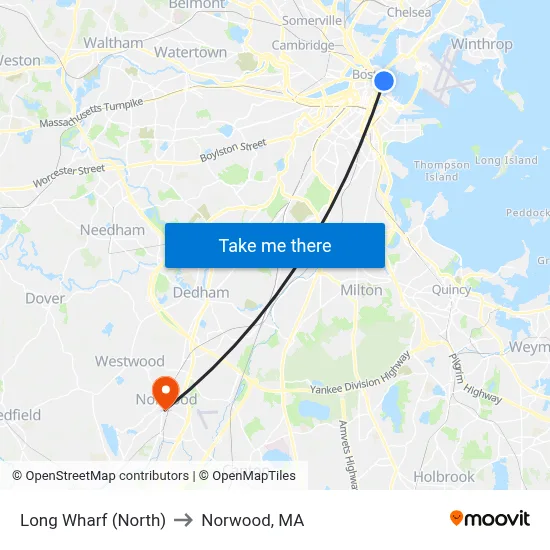 Long Wharf (North) to Norwood, MA map