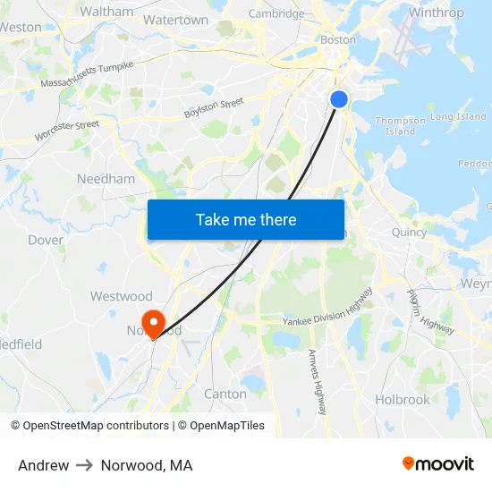 Andrew to Norwood, MA map