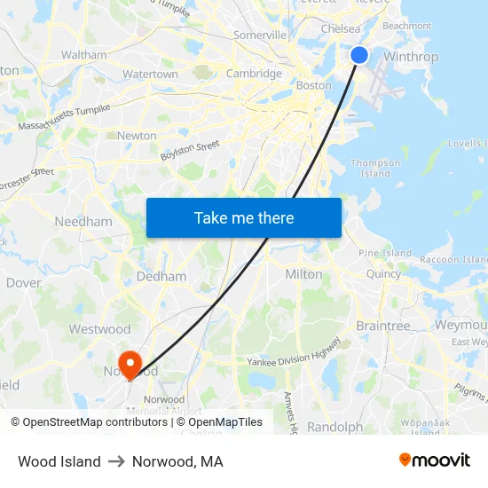 Wood Island to Norwood, MA map