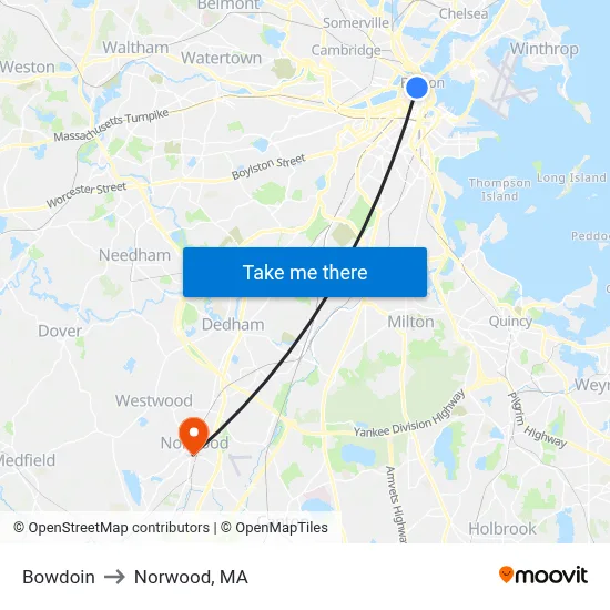 Bowdoin to Norwood, MA map