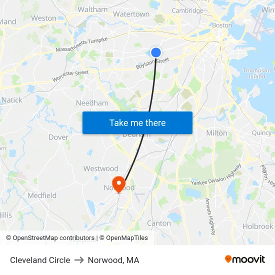 Cleveland Circle to Norwood, MA map