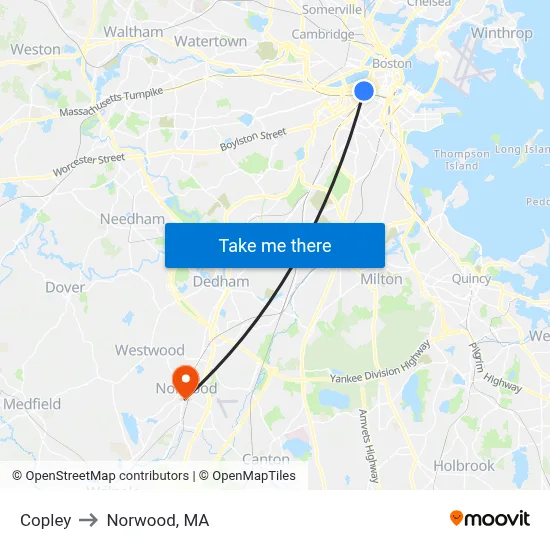 Copley to Norwood, MA map