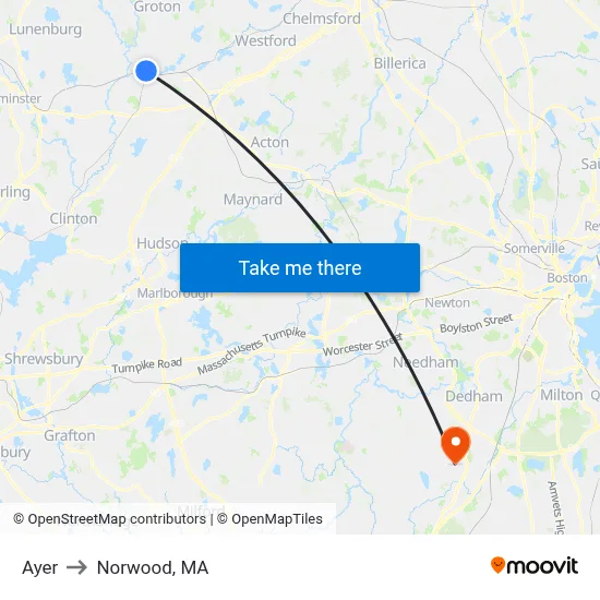 Ayer to Norwood, MA map