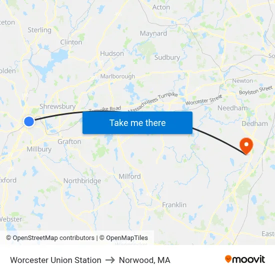 Worcester Union Station to Norwood, MA map