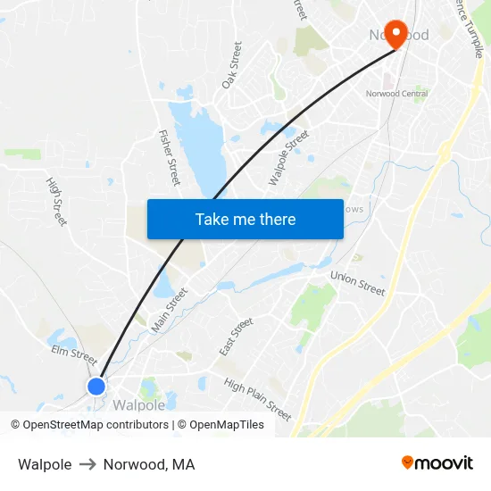 Walpole to Norwood, MA map