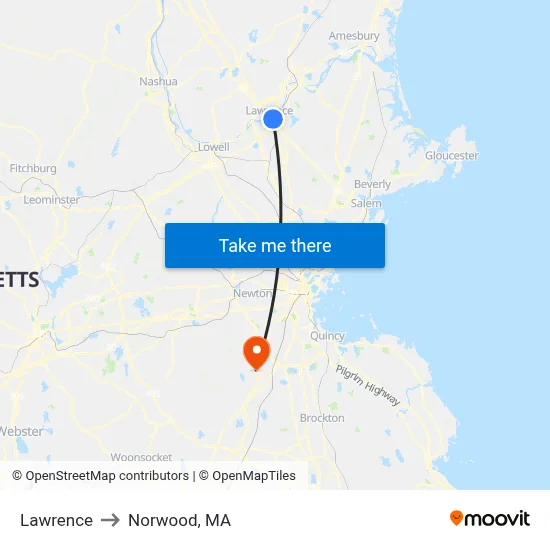 Lawrence to Norwood, MA map