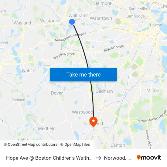 Hope Ave @ Boston Children's Waltham to Norwood, MA map