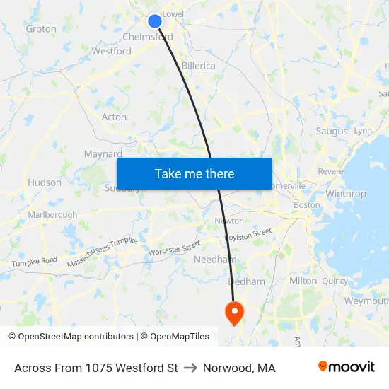 Across From 1075 Westford St to Norwood, MA map