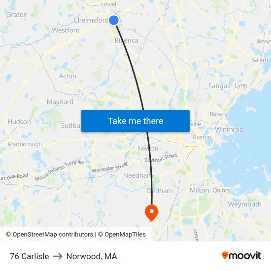 76 Carlisle to Norwood, MA map