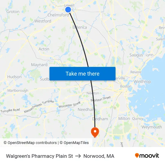 Walgreen's Pharmacy Plain St to Norwood, MA map