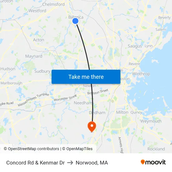 Concord Rd & Kenmar Dr to Norwood, MA map