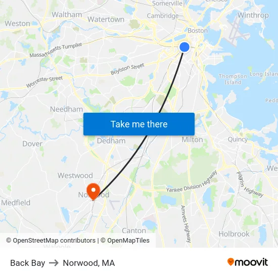 Back Bay to Norwood, MA map