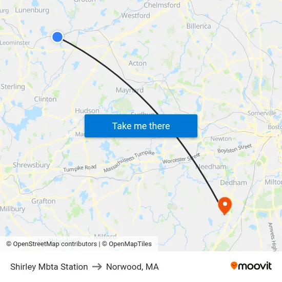 Shirley Mbta Station to Norwood, MA map