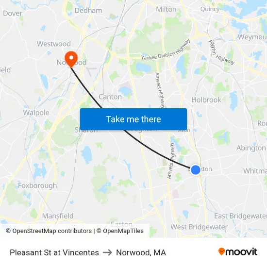 Pleasant St at Vincentes to Norwood, MA map
