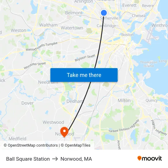 Ball Square Station to Norwood, MA map