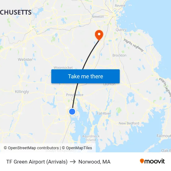 TF Green Airport (Arrivals) to Norwood, MA map
