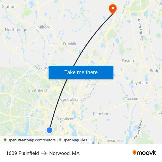 1609 Plainfield to Norwood, MA map