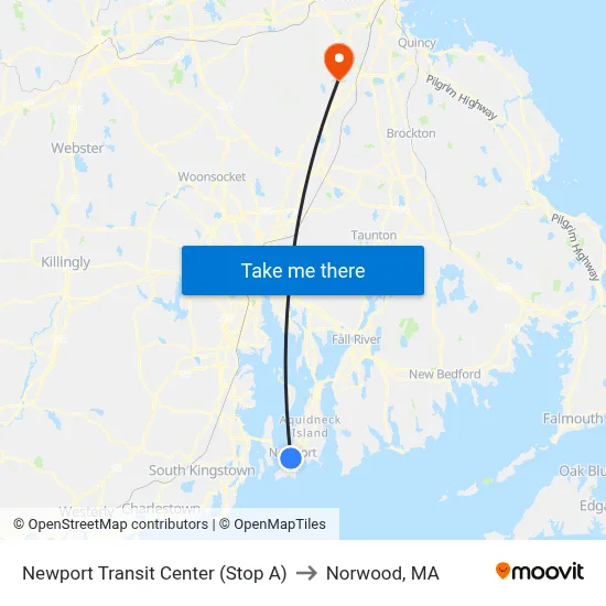 Newport Transit Center (Stop A) to Norwood, MA map