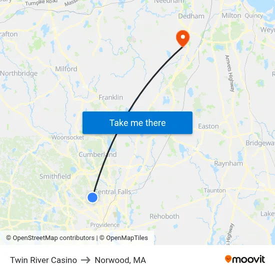 Twin River Casino to Norwood, MA map