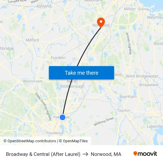 Broadway & Central (After Laurel) to Norwood, MA map