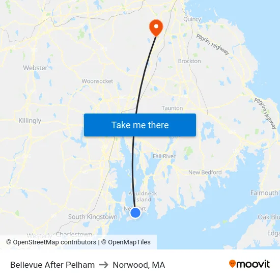 Bellevue After Pelham to Norwood, MA map