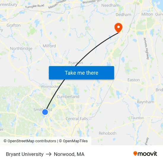 Bryant University to Norwood, MA map