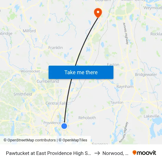 Pawtucket at East Providence High School to Norwood, MA map