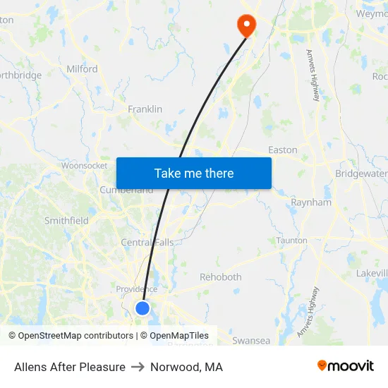 Allens After Pleasure to Norwood, MA map