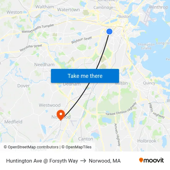 Huntington Ave @ Forsyth Way to Norwood, MA map