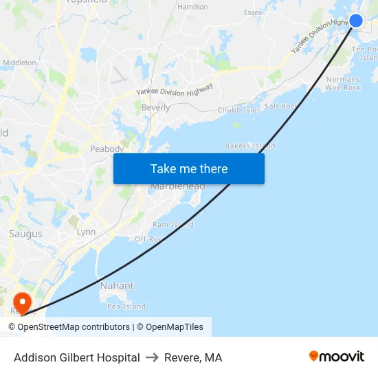 Addison Gilbert Hospital to Revere, MA map