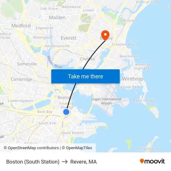 Boston (South Station) to Revere, MA map