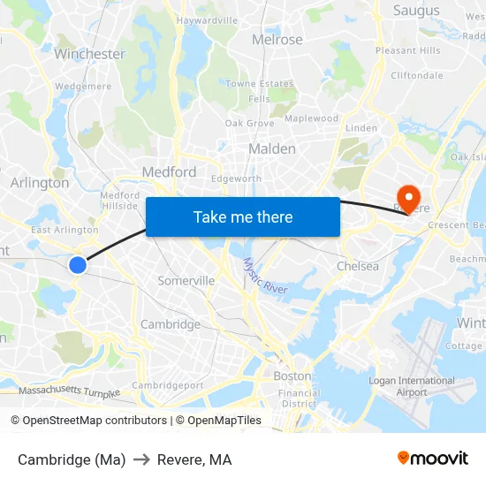 Cambridge (Ma) to Revere, MA map