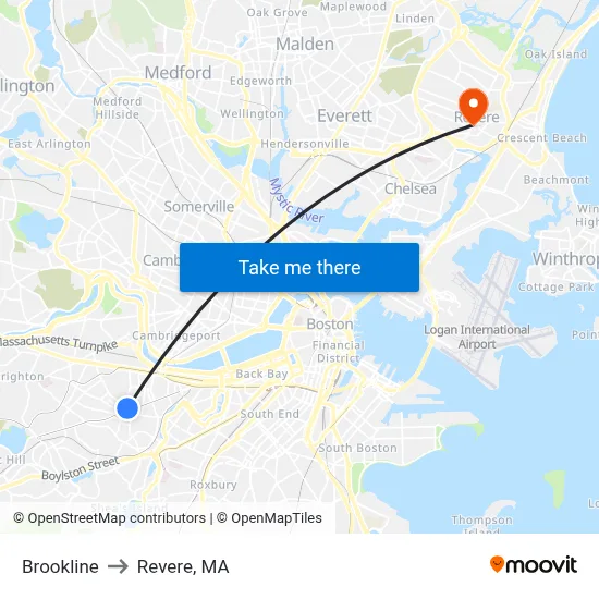Brookline to Revere, MA map