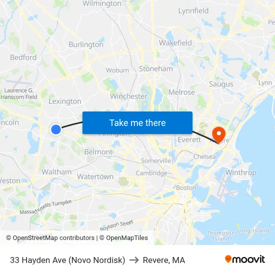 33 Hayden Ave (Novo Nordisk) to Revere, MA map