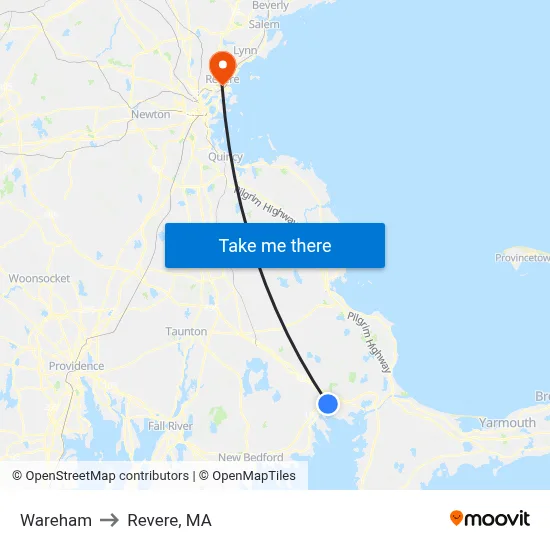 Wareham to Revere, MA map
