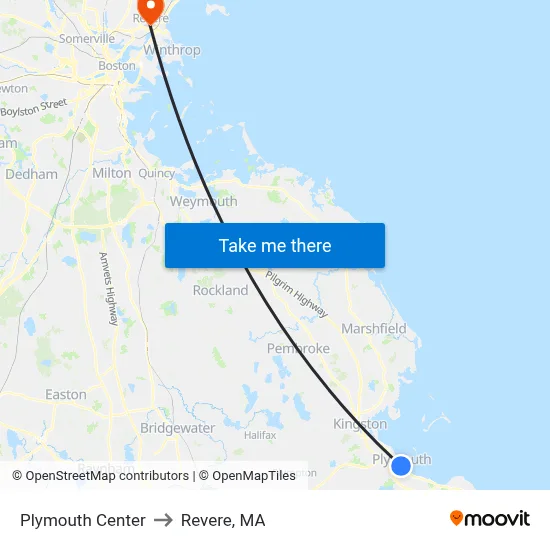 Plymouth Center to Revere, MA map