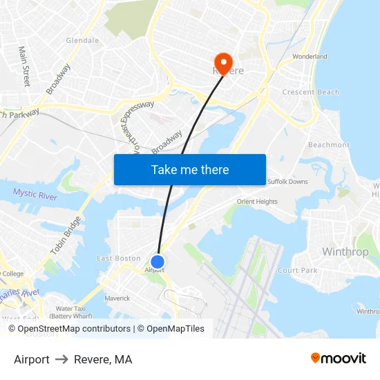 Airport to Revere, MA map