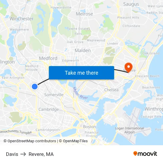 Davis to Revere, MA map