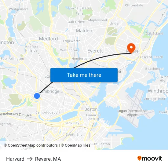 Harvard to Revere, MA map