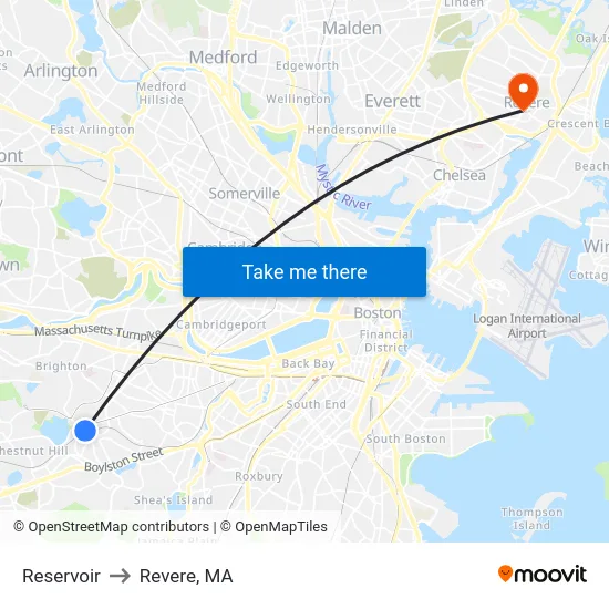 Reservoir to Revere, MA map