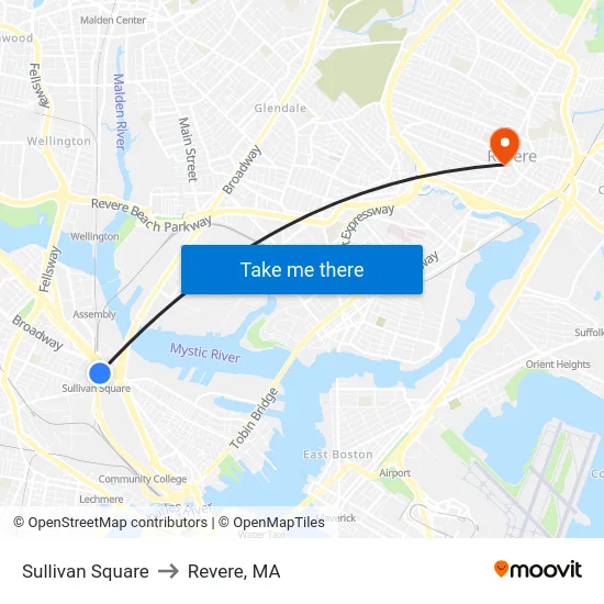 Sullivan Square to Revere, MA map