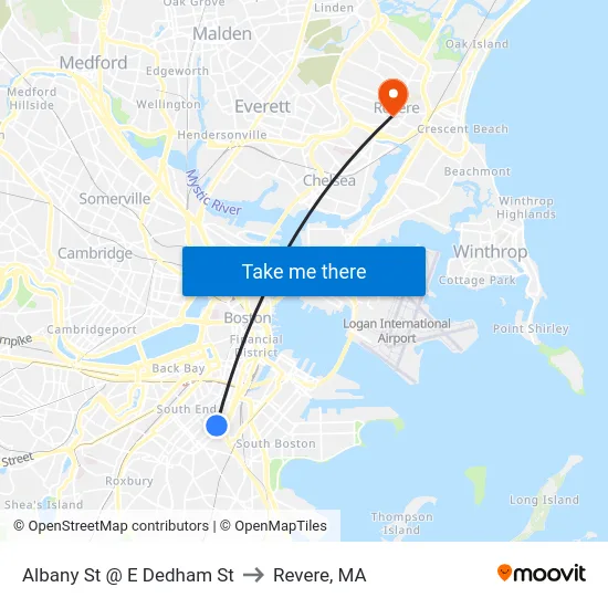 Albany St @ E Dedham St to Revere, MA map