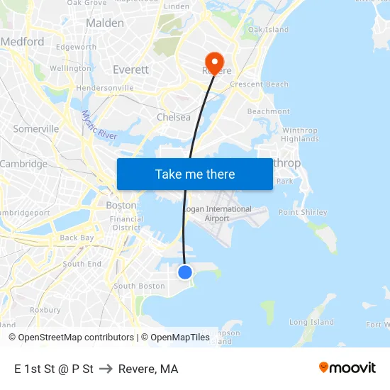 E 1st St @ P St to Revere, MA map