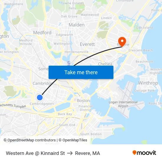 Western Ave @ Kinnaird St to Revere, MA map