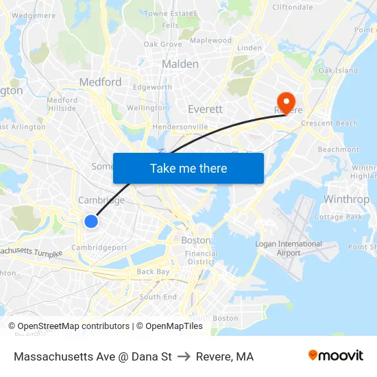 Massachusetts Ave @ Dana St to Revere, MA map