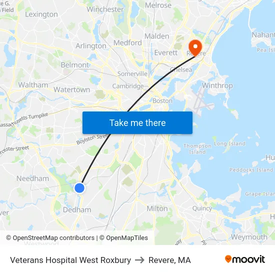 Veterans Hospital West Roxbury to Revere, MA map