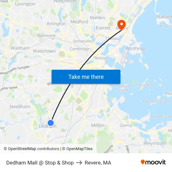 Dedham Mall @ Stop & Shop to Revere, MA map