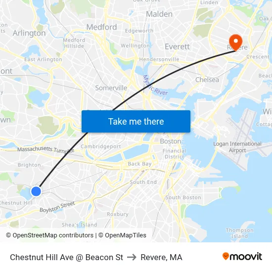 Chestnut Hill Ave @ Beacon St to Revere, MA map