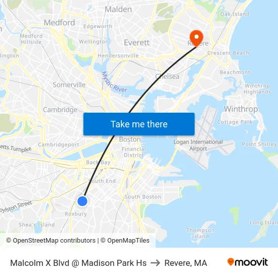 Malcolm X Blvd @ Madison Park Hs to Revere, MA map